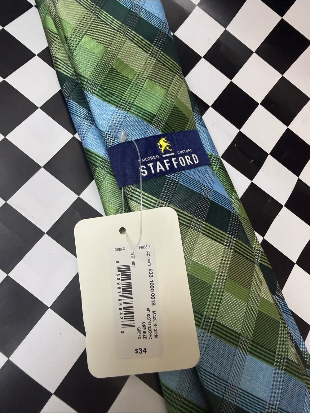Stafford Green Plaid Tie with Blue Stripes - Picture 2 of 3